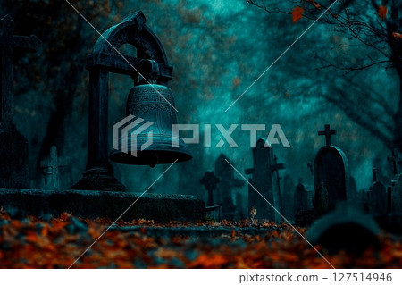 Mysterious antique church bell stands in foggy cemetery at night among ancient stone tombs 127514946