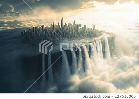 City of clouds with majestic waterfalls cascading into the abyss under a serene sky at twilight City of clouds with majestic waterfalls cascading into the abyss under a serene sky at twilight 127515006