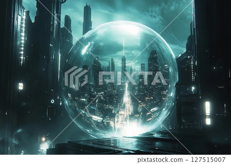 Futuristic city enclosed in a glowing sphere with reflections of skyscrapers and sunset over urban landscape Futuristic city enclosed in a glowing sphere with reflections of skyscrapers and sunset over urban landscape 127515007