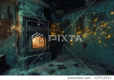 Underwater oven surrounded by magical fireflies illuminating the ancient walls in a mystical setting 127515033