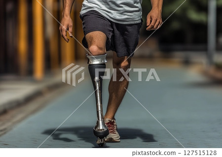 Man confidently walking on the street with a prosthetic leg during a sunny day in an urban environment Man confidently walking on the street with a prosthetic leg during a sunny day in an urban environment 127515128