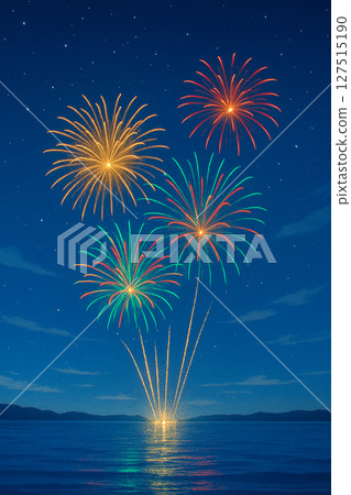 Colorful fireworks in the night sky and their reflections on the water 127515190