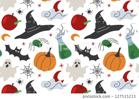 Flat cartoon vector illustration pattern with Halloween and witch accessories. Magical spooky elements for seasonal textiles, wrapping paper, party decor, kids designs, autumn holiday themes 127515213