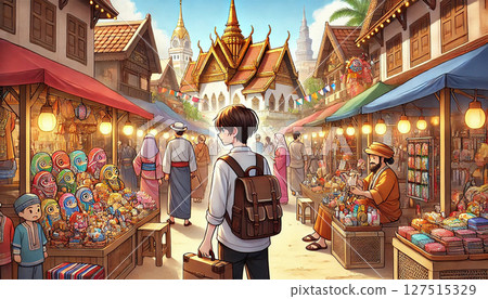 插圖描繪了一個充滿外國紀念品和當地工藝品的繁華市場場景。 127515329