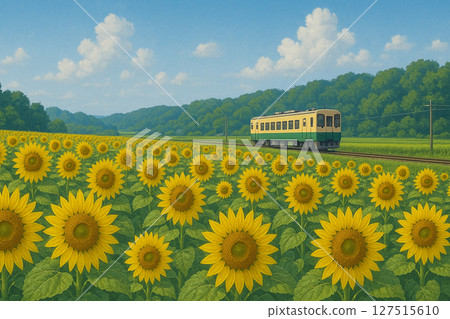 夏季當地火車穿過向日葵田的風景 127515610