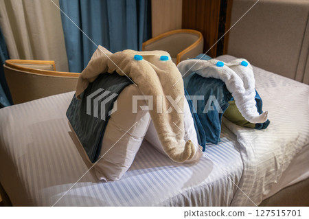 Creative Towel Art Elephant on Nile River Cruise Bed Aswan Egypt. Creative Towel Art Elephant on Nile River Cruise Bed Aswan Egypt. 127515701