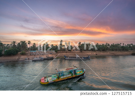 Colorful Twilight Sky Over Esna Lock of The Nile Egypt River. 127515715