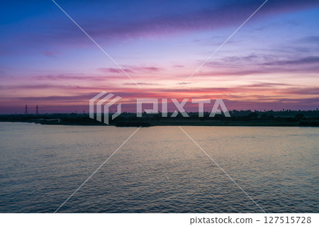 Serene Nile River Sunset Esna Lock Aswan Egypt Landscape. 127515728