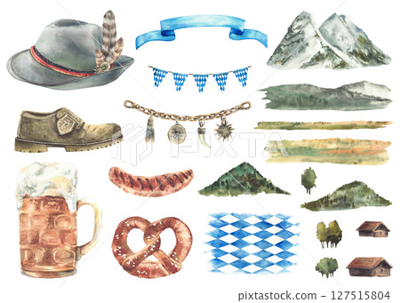 Oktoberfest food drinks and clothes. Bavarian hat, boots, Charivari. Germany beer, pretzel, and grilled sausage. Landscape elements of Zugspitze mountain. Hand painted watercolor isolated illustration 127515804