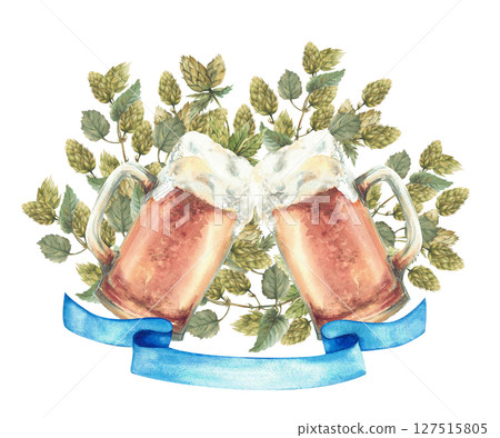 Toast of two beer mugs with blue ribbon below against a backdrop of hop green branches. Realistic watercolor hand drawn cheers beer glasses isolated illustration. Oktoberfest, eco brewery label design Toast of two beer mugs with blue ribbon below against a backdrop of hop green branches. Realistic watercolor hand drawn cheers beer glasses isolated illustration. Oktoberfest, eco brewery label design 127515805