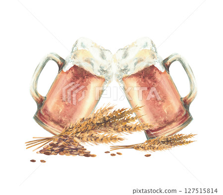 Beer mugs making cheers with ears and grains of malt. Hand painted watercolor two glasses of light beer toasting Natural foamy beverage with brewing ingredients for drink menu, brewery label. Isolated 127515814