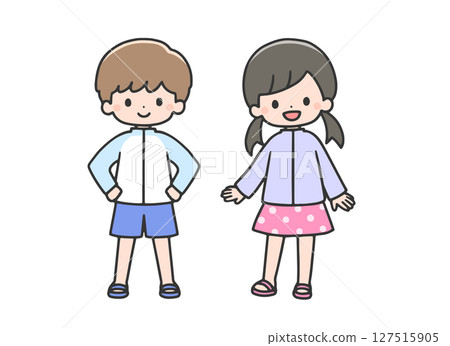 Children wearing swimsuits and rash guards Children wearing swimsuits and rash guards 127515905