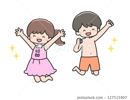 Children in swimsuits jumping with smiles 127515907