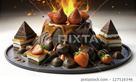 Chocolate volcano dessert with strawberries and chocolate pyramids on display in a modern kitchen setting Chocolate volcano dessert with strawberries and chocolate pyramids on display in a modern kitchen setting 127516346