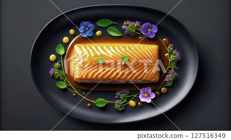 Gourmet salmon dish garnished with colorful flowers and herbs on a sleek black plate in a modern dining setting 127516349