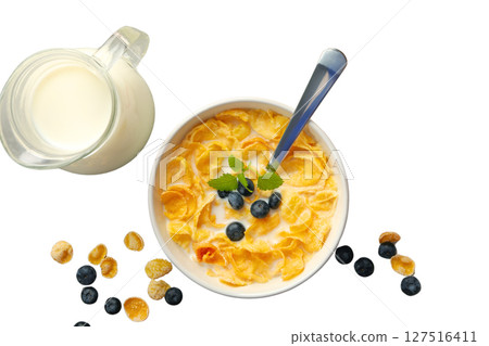 Cereal with milk and blueberries, isolated on white Cereal with milk and blueberries, isolated on white 127516411