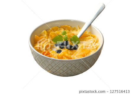 Cornflakes with berries on top, isolated on white background Cornflakes with berries on top, isolated on white background 127516413
