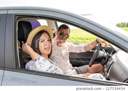 Child in car. Family vacation trip road. Seat travel freedom summer. Child in car. Family vacation trip road. Seat travel freedom summer. 127516434