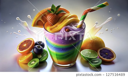 Colorful fruity beverage served in a glass with fresh fruits surrounding it on a bright background 127516489