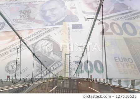 Toll Road and Bridge with International Currencies.Finance meets transport in this tollway-bridge concept Toll Road and Bridge with International Currencies.Finance meets transport in this tollway-bridge concept 127516523