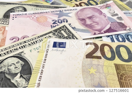 Euro, Dollar and Turkish Lira paper currency.international finance, global economy, forex, cash, and money concept.Close-up of Euro, US Dollar, and Turkish Lira bills symbolizing global economy 127516601