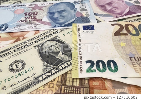 Euro, Dollar and Turkish Lira paper currency.international finance, global economy, forex, cash, and money concept.Close-up of Euro, US Dollar, and Turkish Lira bills symbolizing global economy 127516602