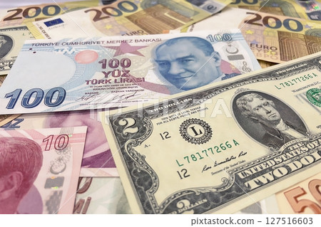Euro, Dollar and Turkish Lira paper currency.international finance, global economy, forex, cash, and money concept.Close-up of Euro, US Dollar, and Turkish Lira bills symbolizing global economy 127516603