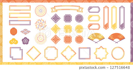 一組秋季日式裝飾插圖。日式框架和煙火插圖。 127516648