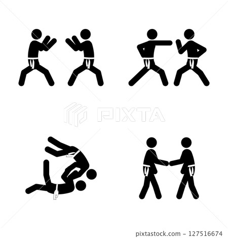 Set of stick figures, karate martial art, flat vector illustration. Set of stick figures, karate martial art, flat vector illustration. 127516674