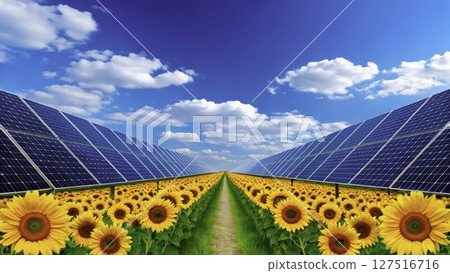 Rows of vibrant sunflowers thrive alongside solar panels under a bright blue sky Rows of vibrant sunflowers thrive alongside solar panels under a bright blue sky 127516716