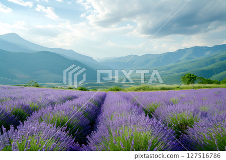 Expansive lavender fields stretch across rolling hills, showcasing vibrant purple blooms and lush greenery, creating a serene and picturesque landscape 127516786