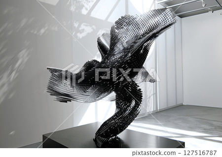 Abstract sculpture of a dynamic figure, crafted from intricate black metal strips, elegantly positioned on a pedestal in a modern art gallery, showcasing movement and creativity 127516787
