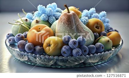 Colorful fruit arrangement with blue decorations showcasing fresh pears, apricots, and blueberries on a decorative dish Colorful fruit arrangement with blue decorations showcasing fresh pears, apricots, and blueberries on a decorative dish 127516871