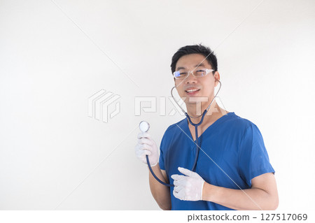 Asian Male Nurse with Stethoscope and Glasses Smiling at Camera 127517069
