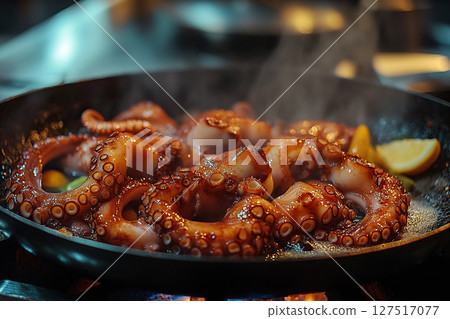 The octopus dish is cooked in a frying pan. The octopus dish is cooked in a frying pan. 127517077