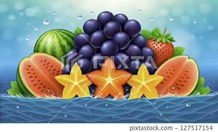 Fresh fruit arrangement with vibrant colors and textures showcasing berries, melons, and starfruit in a water setting Fresh fruit arrangement with vibrant colors and textures showcasing berries, melons, and starfruit in a water setting 127517154