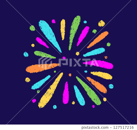 Crayon doodle firework symbol. Hand drawn firework pencil sketch. Chalk color magic sparkle. Crayon texture starburst. Vector illustration on white background 127517216