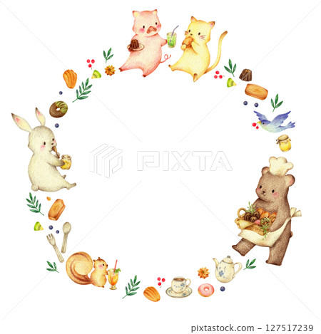 Frame of sweets, animals eating sweets, and a bear chef - hand-drawn colored pencil drawing 127517239