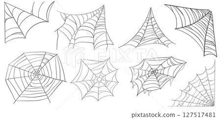 Spiderweb corner line border, gothic scary hanging net frame. Simple spooky halloween decoration. Cobweb spider trap. 127517481