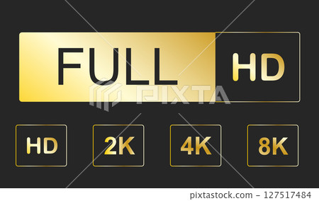Video resolutions full ultra quad HD, video quality badge icon. Video resolution set. 127517484