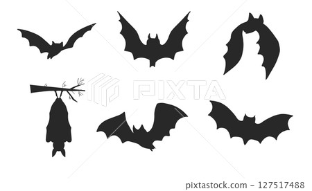 Halloween bat set in silhouette style. Hanging and flying cartoon bats with scary and cute elements. Isolated vector illustration for spooky autumn celebrations. 127517488