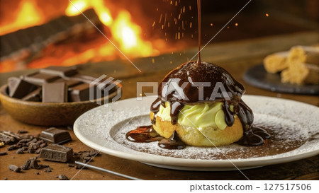 Delicious dessert topped with chocolate sauce served by a warm fire in a cozy setting Delicious dessert topped with chocolate sauce served by a warm fire in a cozy setting 127517506