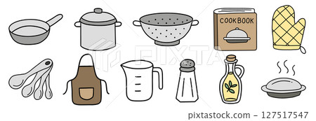 Kitchenware hand drawn doodle collection, Kitchen utensils and cooking tools illustrated in a simple style. 127517547