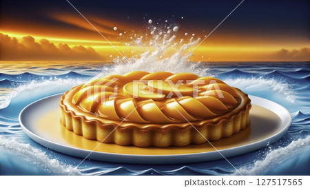 Delicious dessert features vibrant orange topping against a sunset backdrop over ocean waves 127517565