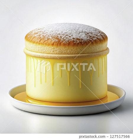 Fluffy Japanese cheesecake with a glossy citrus glaze served on a white plate in a bright setting 127517566