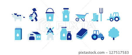 Dairy farming and agriculture icon set (cow, milk, farm machinery, farmer, tractor, landscape) 127517583