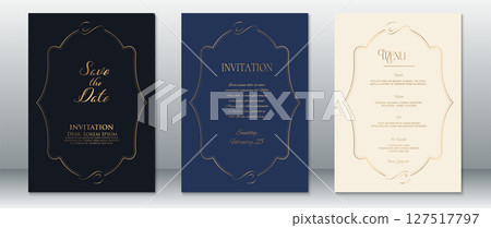 Elegant Wedding Invitation Set with Vintage Gold Frame on Dark Blue, Navy, and Cream Background 127517797
