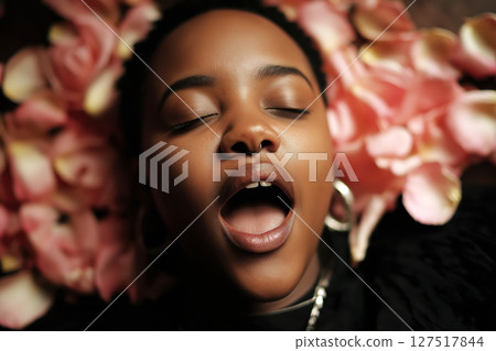 beautiful black woman screaming during orgasm and sex on red rose flowers petals in bed beautiful black woman screaming during orgasm and sex on red rose flowers petals in bed 127517844
