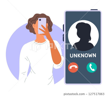 Anonymous woman hides behind smartphone with unrecognizable profile. Unidentified incoming caller. Telephone communication. Number identification. Stranger connection. Vector concept 127517863