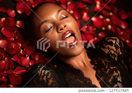beautiful black woman screaming during orgasm and sex on red rose flowers petals in bed 127517885